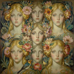 breathtaking detailed concept art painting art deco pattern of blonde faces goddesses amalmation flowers with anxious piercing eyes and blend of flowers and birds, by hsiao - ron cheng and john james audubon, bizarre compositions, exquisite detail, extremely moody lighting, 8 k