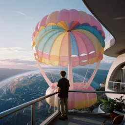 a grainy film photograph pov holiday maker on balcony in dream state alien world. pastel coloured inflatable parachute furniture. planet earth visible. abstract architecture. ambient light. refraction. sunrise.