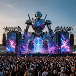 the year of 2 0 4 9, the coolest + future + end of the world + edm show, 1 0 0 0 0 peoples watch the dj lives, huge digital robot on the middle of the stage, dance music show, maximum detailed, 2 4 mm fob lens, wide angle,