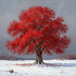 winter, one giant red tree, ground covered with snow, extreme long shot, fantasy, painting by gaston bussiere, craig mullins, j. c. leyendecker, trending on artstation