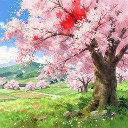 beautiful illustration of a landscape in a cherry blossom storm, japanese countryside, red colour splash, in the style of Katsuhiro Otomo and Takehito Harada and Yoshitaka Amano