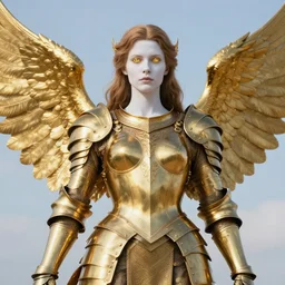portrait of fully armored norse valkyrie, brass plated, symmetric golden wings, divine vibes, light brown hair, white skin, shiny golden eyes, pretty, sky background, sharp focus, highly detailed, cinematic lighting, studio quality, smooth render, unreal engine 5 rendered, octane, rendered, by artgerm, greg rutkowski, alphonse mucha