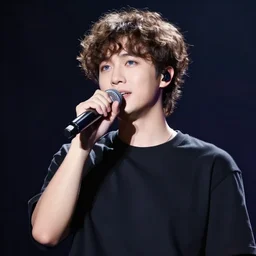 a male singer on a stage with curly brown hair and blue eyes, a hologram by yasutomo oka, featured on pixiv, holography, seapunk, anime, glowing lights. vocaloid