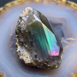 close up of apophyllite on a rainbow tourmaline host, agate background