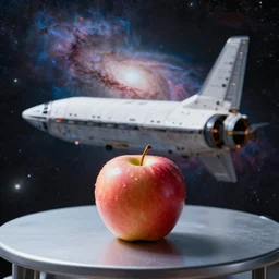an apple is sitting on a table on a space ship with a nebula in the background
