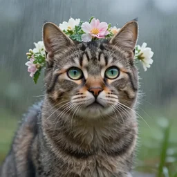 a beautiful chartreux cat with flowers around its head!!!, rainy, dreamlike art, mist, realistic shaded, fine details, 4 k realistic, cryengine, realistic shaded lighting poster by greg rutkowski, magali villeneuve, artgerm, jeremy lipkin and michael garmash and rob rey