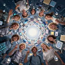 epic group happy humans, hyper realistic, detailed flow of beautiful digital paintings, vortex of squares and rectangles, floating graphics, dripping light drops, supercomputers text to images, beautiful random images, highly detailed, super realistic, perfect lighting pixel sorting, style sheet