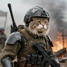 a mech sodier with a head of a british longhair cat in the war, epic scene, by greg rutkowski