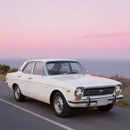 an old white 1 9 8 0 s car parked off the road, sunset, ocean in distance, pink, oil painting, pale colors, high detail, 8 k, wide angle, trending on artstation,