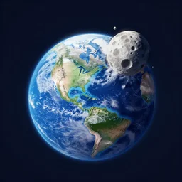 isometric photo of the Moon crashing into planet Earth. Apocalypse via lunar crash. The moon falls to the earth, the ending of all life.