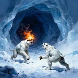 yetis hurling flaming pinecones on an underground glacier, dark, blue ice, snow, frank frazetta
