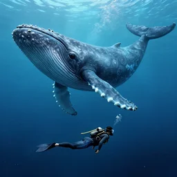 a diver in the deep sea foreground | a very huge whale in the background, concept art, trending on artstation, wlop, ross draws, digital painting, mixed media, intricate details, volumetric lighting