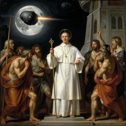 moon pope ( anti pope ) holding a speech to his missionaries in first luna city while an asteroid shoots towards the base, 2 3 th century, neo - classicism, oil painting, intricate, caravaggio