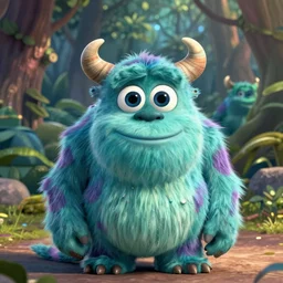 a cute little monster with big eyes, portrait, pixar style, forest background, cinematic lighting, award winning creature portrait photography