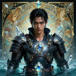 portrait of a young cyberpunk samurai man wearing a futuristic armor, drenched body, wet dripping hair, emerging from the water, fantasy, regal, fractal crystal, fractal gems, by stanley artgerm lau, greg rutkowski, thomas kindkade, alphonse mucha, loish, norman rockwell.