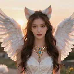Portrait of a cute elegant woman with thick angelic white wings on her back, flying, cat ears, luxurious neckless, sunset warm spring, slim face, detailed face, centered close-up, fantasy, anime, vibrant, colorful, depth of field, intricate details, trending on ArtStation, Deviantart, by WLOP