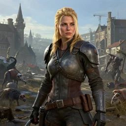 fallout 5, charismatic beautiful rugged blonde female protagonist, portrait, outdoors european cityscape, atmospheric lighting, painted, intricate, volumetric lighting, beautiful, daytime, winter, clear weather, mutated wildlife, sharp focus, deep colours, ultra detailed, art by william turner