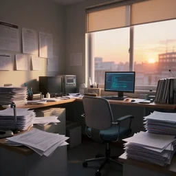 messy doctor's office with paperwork on every surface, light shining through the windows, sunset, dramatic lighting, digital art, trending on artstation