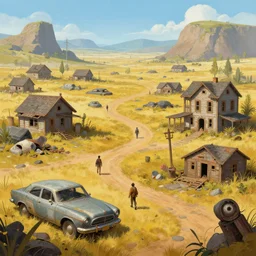 i walk around in fallout 5, rural wastelands, small settlements, shanty townships, abandoned retro futurstic vintage car and truck, ruined houses, illustration, perfectly shaded, oft painting, art by krenz cushart and wenjun lin