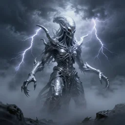 concept art of a silver mercury eldritch cthulhu emerging from a foggy thunderstorm, illuminated lightning strikes!!!, lovecraftian, by daytoner daniel hahn, hr giger, jeremy mann, highly detailed, dramatic lighting, octane render, c 4 d, artstation, hd, clear, sharp, ominous, misty, unsettling, 8 k
