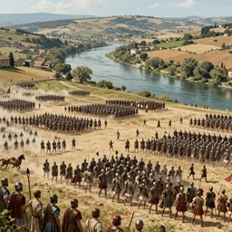 Wide shot of distant battle of Cannae 216 BCE, with republic-era Roman soldiers in formations, Carthaginian phalanxes in formations, overlooking river Aufidius Italy, intricate, elegant, highly detailed, Richard Brooks, Angus McBride