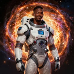 handsome black man smirking condescendingly in an advanced spacesuit in front of exploding nebulae halos, digital illustration trending on artstation by artgerm and rutkowski