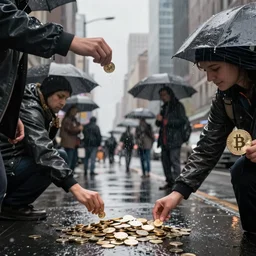 bitcoin raining down on the new york city, people are picking up individual coins. professional 4 k street photography, cloudy rainy day, moody, clear, detailed