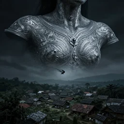 manananggal upper torso flying above village, eerie silver engraving, high contrast