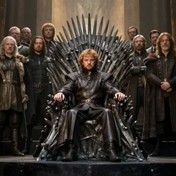 Jack Gleeson as King Joffrey Baratheon sitting on the Iron Throne, Les Edwards, Zdzislaw Beksinski, Carl Gustav Carus, John Harris, Michal Karcz, Zhang Kechun, Mikko Lagerstedt, Scott Listfield, Steven Outram, Jessica Rossier