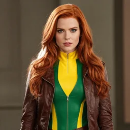 young supermodel angie everhart as x - men's rogue, she is in rogue's classic green and yellow outfit, wearing a brown leather jacket, she has a streak of white in her beautiful long red hair 5 0 mm