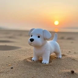 a miniature white puppy action figure in the sand, with sunset, photo realistic, well detailed