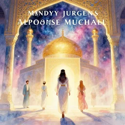 bedouin in galaxy walking towards mosque surrounded by nebula, highly detailed, gold filigree, romantic storybook fantasy, soft cinematic lighting, award, disney concept art watercolor illustration by mandy jurgens and alphonse mucha and alena aenami, pastel color palette, featured on artstation