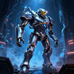 a telephoto photo of the chrome terminator cylon warror in a massive mass effect halo robot factory at night,blue haze, volume metric lighting, retracing, unreal, concept art cyperpunk video game poster design with intricate details :: magic the gathering, Battlestar Galactica, neon lighting, lens flare, rich vibrant colors, High contrast, blizzard concept artist, syd mead