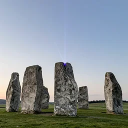 the georgia guide stones being disintegrated by a laser beam, 8 k, trending on artstation, psychedelic art, synthwave art, glitchcore art, detailed, orange, purple, cyan