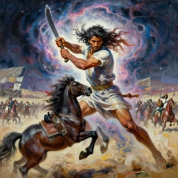 portrait of head and body, single bangla farmer fighting, hand to hand combat with machete, full body view, long flowing hair, fighting for his life, nebula aura surrounding subject, horseback combat attacker foreground, islamic revolution, mongolian invasion of iraq, background of invading army, nestor canavarro hyperrealist art style, sharp brushstrokes