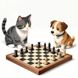 illustration of a cat and a dog playing chess, 8 k, drawn by picasso