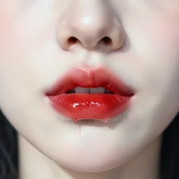 extreme closeup, pale face with plump red lips, dripping watercolor