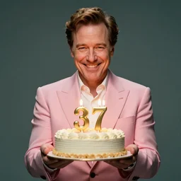 bob odenkirk, smirking, wearing a pink suit, holding a birthday cake, numbered candles thirty - seven, studio photograph, cinematic lighting