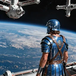 a roman legion in a  blue armour looking out at the horizon of a planet from a space station in orbit, sci-fi, high detail, light reflections,  matte painting, style by syd mead, 8k, octane render, volumetric, vivid, beautiful, hyperrealism”