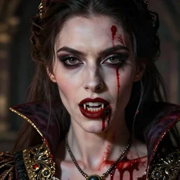 beautiful, very very very extreme closeup portrait, bloody, vampire girl, extreme blood, vampire fangs, medieval dress. witch, makeup. unreal engine, greg rutkowski, loish, rhads, beeple, tom bagshaw, alphonse mucha, global illumination, detailed and intricate environment