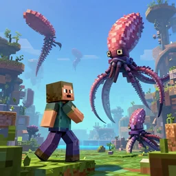 fighting giant flying squids, minecraft, digital art, artstation, highly detailed, 4 k