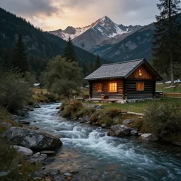 photography by marc adamus, a river running past a cozy cabin in the mountain, dramatic lighting, beautiful, hyper detailed, uhd,