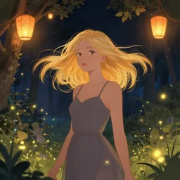 a beautiful blonde girl with hair blowing in the wind, in a garden of lanterns and fireflies, illustration by trina schart hyman