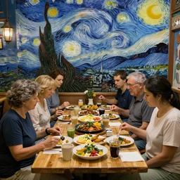 a family sitting in a georgian restaurant eating georgian food, in the style of van gogh