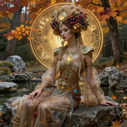 cyberpunk aztec goddess in a zen rock garden, by Peter Kemp, autumn, glamorous hairstyle, vermont fall colors, wearing translucent earthtone fashion, art nouveau by Brian Froud, berries, cosmic, gnostic, sacred geometry, glowing cybernetics, by Alphonse Mucha, highly detailed concept painting with cinematic lighting, trending on art station