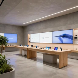 ( 2 0 5 0 s flagship retail interior. experience. telco digital screens phones. wood, polished concrete, neon, ceiling spots. plants. samsung microsoft apple nike adidas tesla muted colors. ) ) by hugh ferriss!!!!!!!!!!!!!!!!!!!!!!!!!!!