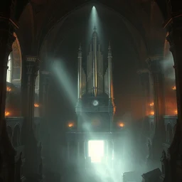 pipe organ in an sunken cathedral, obsidian walls with silver trim, smoke, fog, unearthly light, by peter mohrbacher dan mumford craig mullins nekro, cgsociety, pixiv, volumetric light, 3 d render, smoke, dark fog, sunset colors