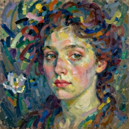 an extreme close - up portrait of a lady enshrouded in an impressionist representation of mother nature and the meaning of life by sonia delaunay and william holman hung, thick visible brush strokes, portrait painting by daniel garber, vintage postcard illustration