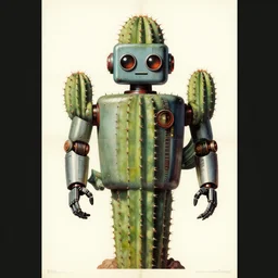 1950s retro cactus robot movie poster, without text. Bionic Arms and eyes. pop surrealism, muted colours. by Jean-Baptiste Monge, wide shot