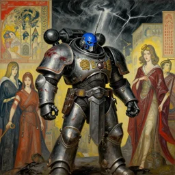 composition of gothic and futuristic, warhammer, cyber armor, more and more scars, thunderstorm, blue head, some red and yellow, the middle ages, highly detailed, artstation, in the style of moebius, jugendstil and classic japanese print, painting by anka zhuravleva, mary jane ansell, composition by rene magritte, jean delville